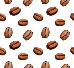 Seamless pattern with watercolor hand painted coffee beans