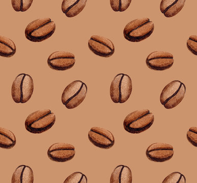 Seamless pattern with watercolor hand painted coffee beans