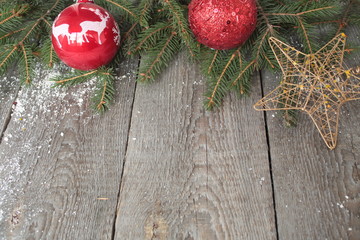 Gingerbread, Christmas ornament, fir tree, snow on wooden background ,