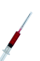 syringe with drop red blood liquid isolated on white background.