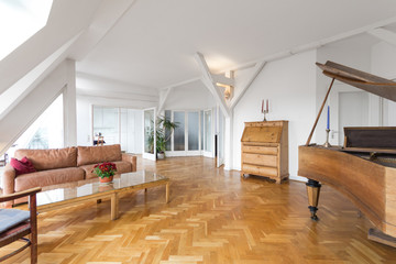 living room with fishbone parquet and piano in beautiful apartme