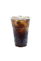 cola drink in plastic glass with ice isolated on white