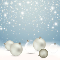 Vector Illustration of an Abstract Christmas Greeting Card with Sparkling Stars, Snow and Baubles