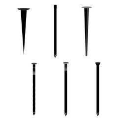 Set of different kinds of nails, common, cut, finishing, masonry, spiral, tack, realistic silhouettes with white details. Illustration for web or typography magazine, brochure, flyer, poster.