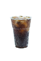 cola drink in plastic glass with ice isolated on white