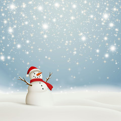 Vector Illustration of an Abstract Christmas Greeting Card with Sparkling Stars and a Snowman