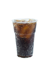 cola drink in plastic glass with ice isolated on white
