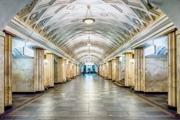Fototapeta na wymiar Interior of Teatralnaya subway station in Moscow, Russia
