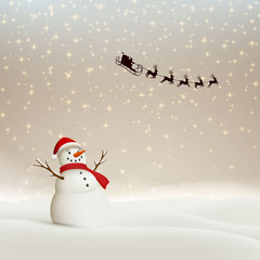 Vector Illustration of an Abstract Christmas Greeting Card with Sparkling Stars and a Snowman
