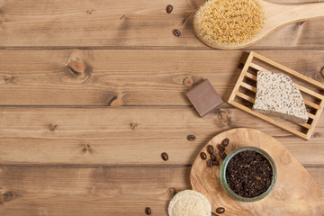 Handmade Coffee Scrub. Oat Soap. Luffa Sponge. Toiletries, Spa Set. Top View.