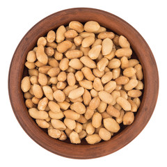 Salted peanuts in a brown plate. Isolated on white background.