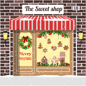 Christmas decorated and illuminated sweet shop