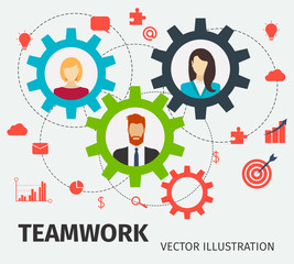 Concept of teamwork for web and infographic. Cogwheels. Vector i