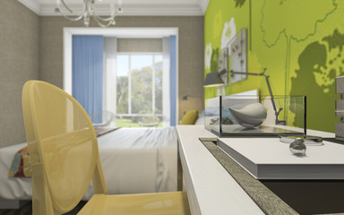 3d rendering depth of field children working table in colorful bedroom design