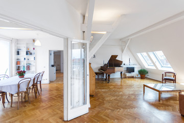 batutiful home interior - living room, dining area in attic apar