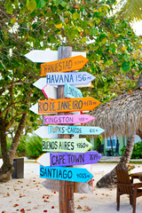 colorful sign points the way to the different destinations in th