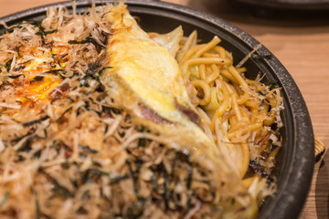 Close-up and soft focus Yaki soba noodles.