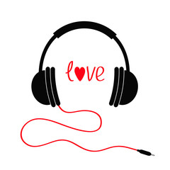 Headphones with cord. Love card. Red text heart. Flat design icon. White background Isolated