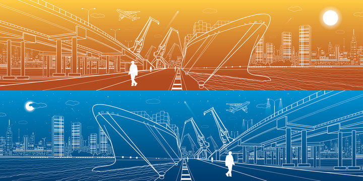 Transportation and industrial panorama. Cargo ship loading, boats on the water, sea harbor. Transport overpass, highway, urban scene, airplane fly, night city, people go on the pier. Vector design art