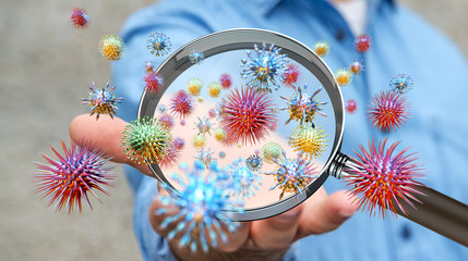 Close up on a sick man hand through magnifying glass transmittin