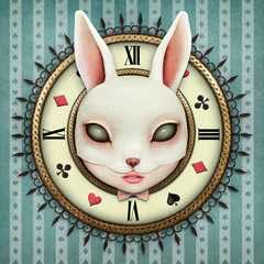 Fantasy illustration with a pocket watch Wonderland and head mask bunny girl