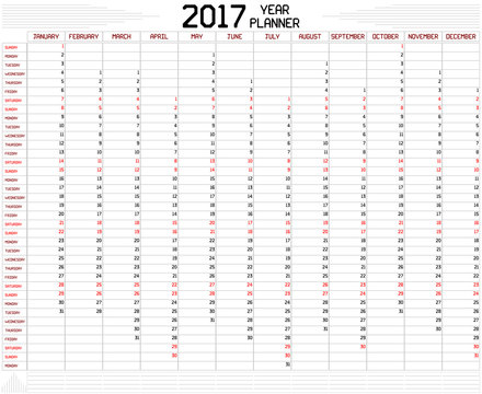 Year 2017 Planner - An annual planner calendar for the year 2017 on white. A custom straight lines thick font is used.