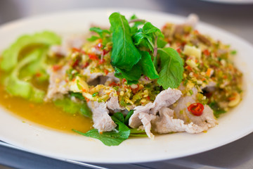 Boiled Pork with Lime Garlic and Chili Sauce (Moo Ma nao), Thai food
