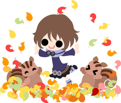 The cute illustration of autumn and girl -The carpet of fallen leaves-