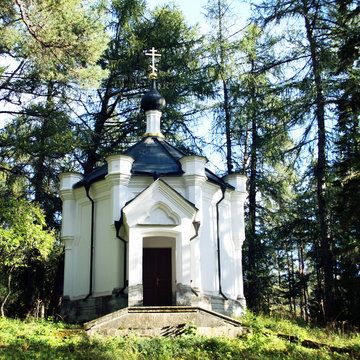 Chapel of the Cross of Jesus Christ suffering near The Skete of All Saints. Aged photo. Valaam Savior-Transfiguration Monastery. Karelia, Russia.