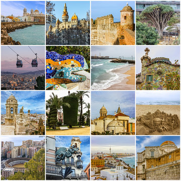 Spain travel collage - Spanish landmarks: Barcelona, Cadiz, Malaga