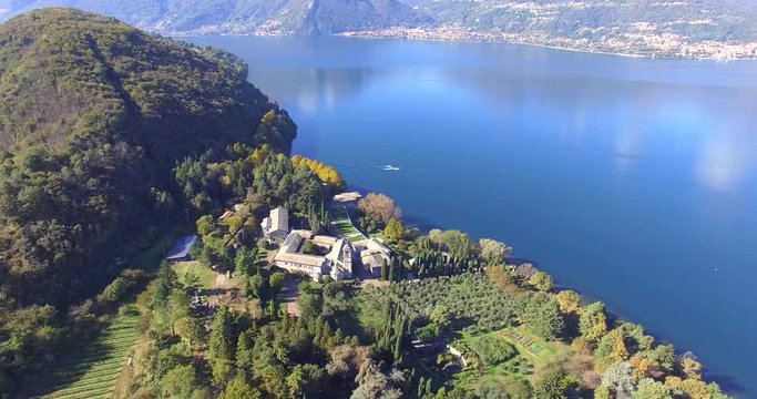Aerial 4k - Abbazia di Piona - San Nicola - Lago di Como (IT) - Priorato - Panoramica aerea verso sud 