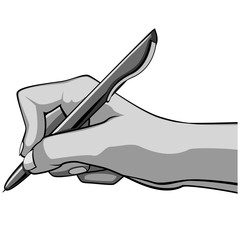 Right hand holding a pen, black and white, isolated