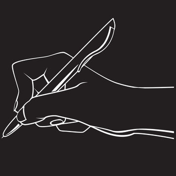 recommend clip art: Right hand holding a pen, white outline on black background