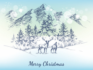 Christmas card. Winter landscape, mountains, pine forest and dee