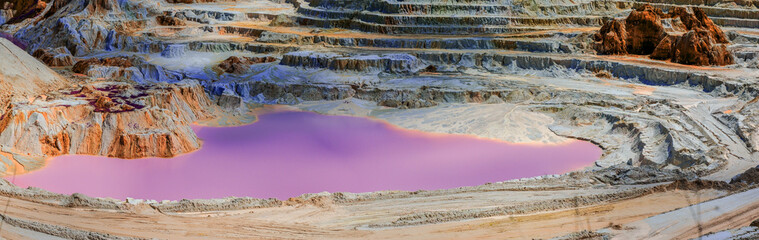 Abandoned kaolin quarry with white plaster material and lake - Infrared filter. - obrazy, fototapety, plakaty