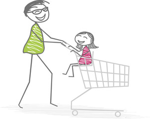 Un homme pousse un chariot de courses avec un enfant