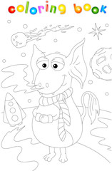 Funny cartoon alien and rocket on an unknown planet surface