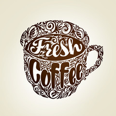 Fresh Coffee. Cup with decorative patterns. Vector illustration