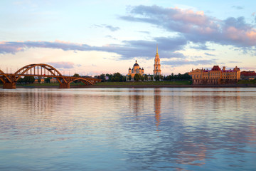 The river Volga in the  in the center of the city  of Rybinsk in July twilight. Russia