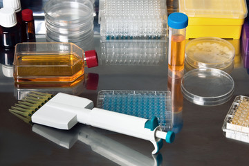 tools for work in the lab workbench / pipetting samples in microplates with pipette in the sterile hood