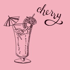 Glass with summer cocktail with fresh lemon and cherry on pink background. Hand lettering cherry word. Hand drawn vector illustration.