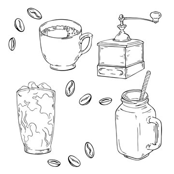 Coffee cups, glass of coffee cocktail, grinder and spices. Hand drawn vector illustration.