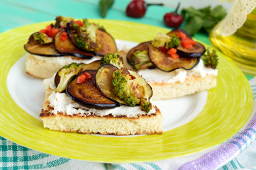 Fragrant Bruschetta with feta cheese, slices of eggplant and broccoli grilled. Close up