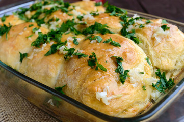 Fragrant Bruschetta with feta cheese, slices of eggplant and broccoli grilled. Close up