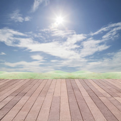 Fototapeta premium perspective wood plank floor on sky background for design, back