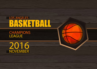 Banner template, polygon basketball on the wooden background. Vector illustration of sports. EPS file is layered.