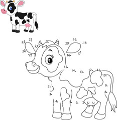 Connect the number to draw the animal educational game for children, Cute little cow