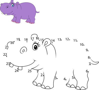 Connect the number to draw the animal educational game for children , Cute hippo