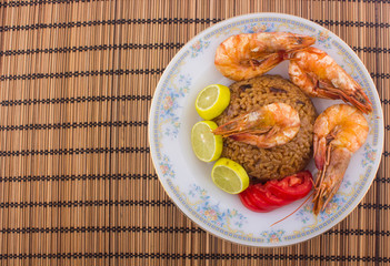 Cooked Fresh Shrimp with Rice Served in a plate / Cooked Fresh Shrimp with Rice / Shrimp with Rice plate