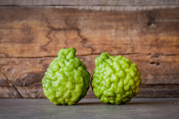 Close up of bergamot on wooden background